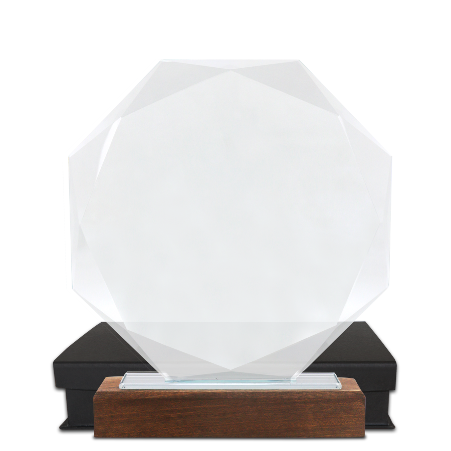 trophée en verre et bois forme octogone
