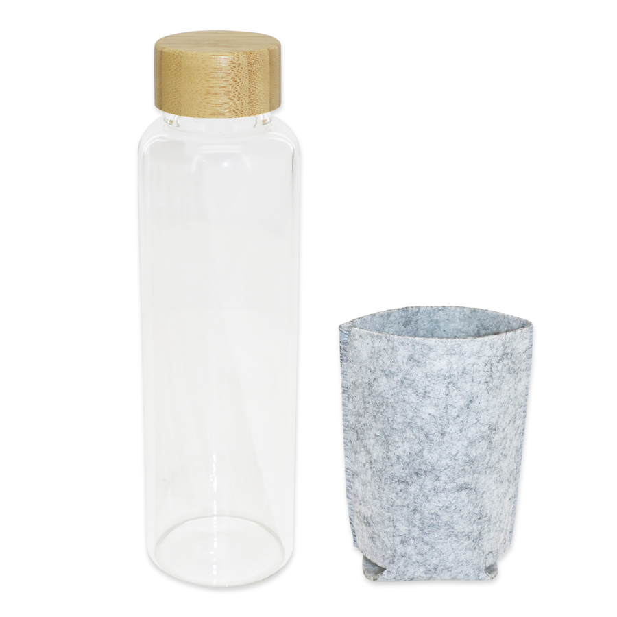 bouteille en verre  à bouchon en bamboo  avec pochette 600 ml