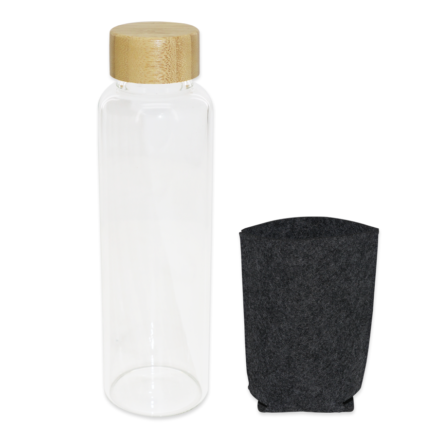 bouteille en verre  à bouchon en bamboo  avec pochette 600 ml