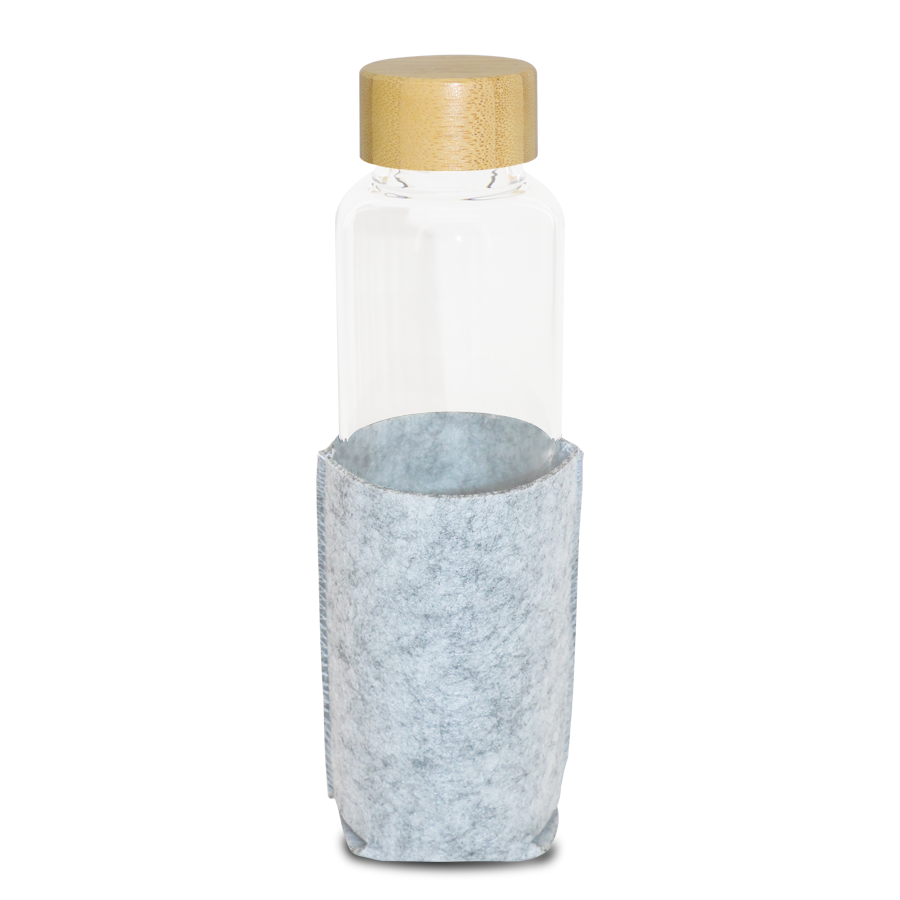 bouteille en verre  à bouchon en bamboo  avec pochette 600 ml