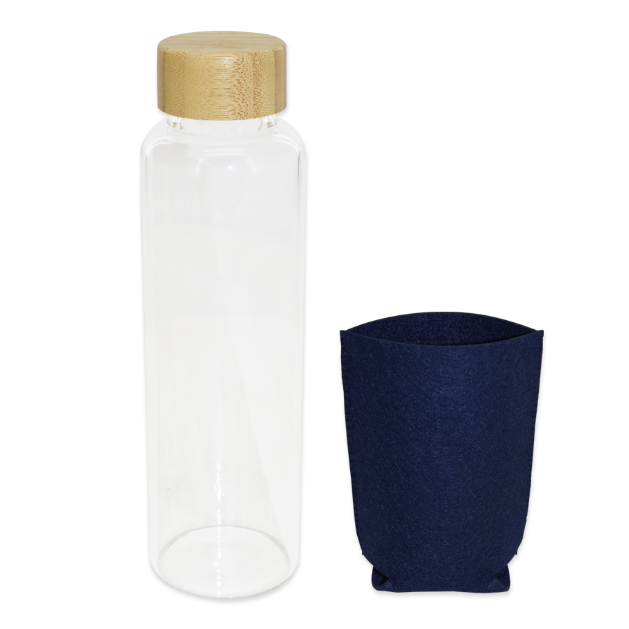 bouteille en verre  à bouchon en bamboo  avec pochette 600 ml