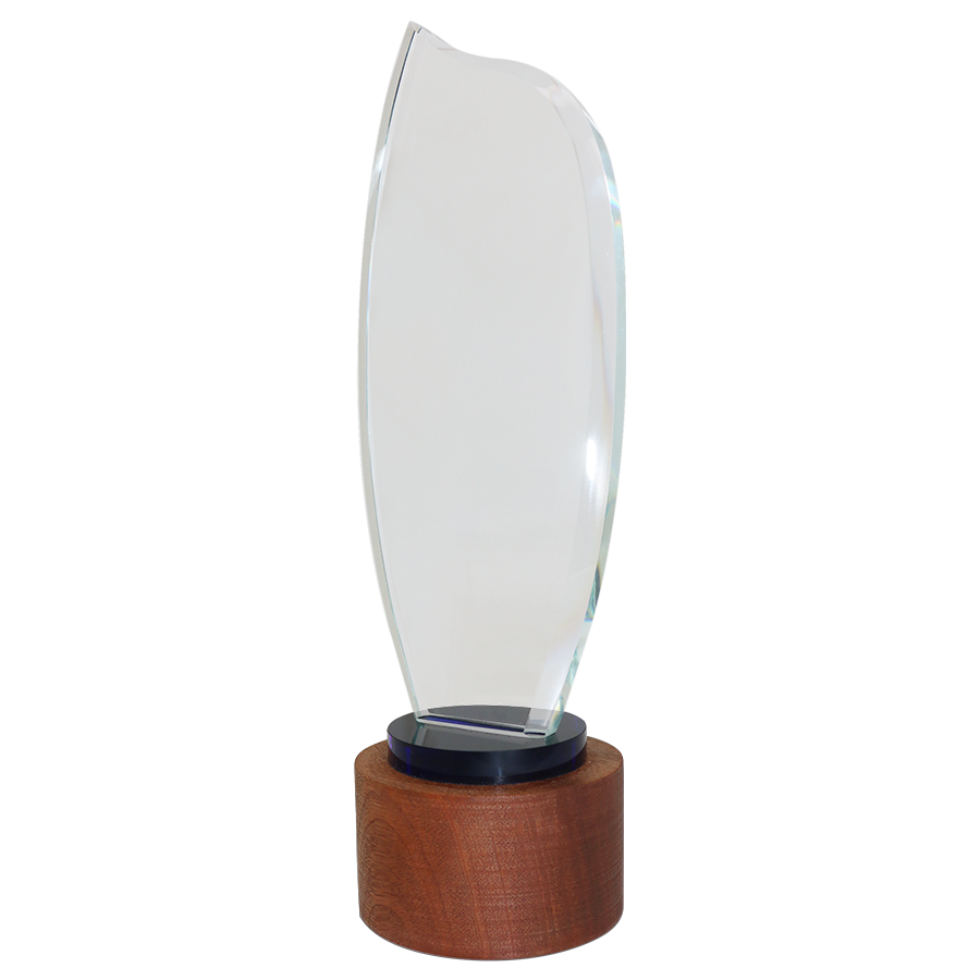 trophée en verre et bois forme flamme
