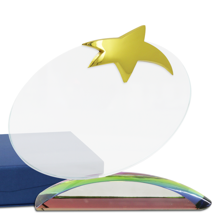 trophée ovale en verre avec forme etoile en métal