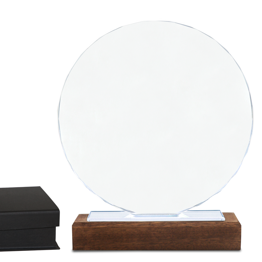 trophées rond en verre et socle en bois